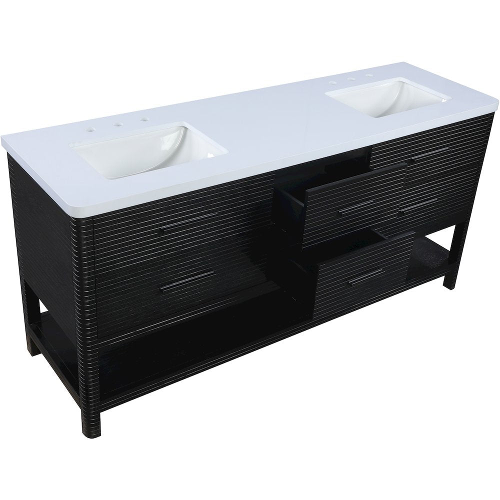 Oakwell 72" Black Engineered Stone And Solid Wood Bathroom Vanity