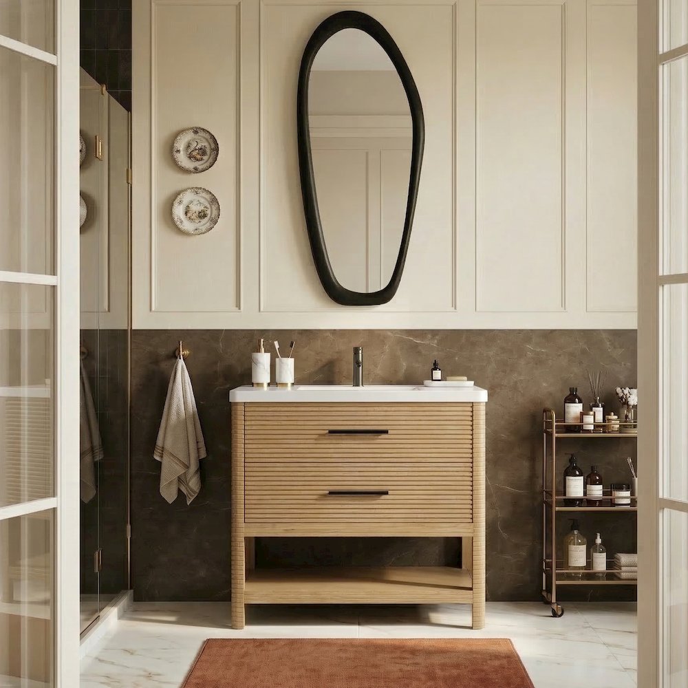 Oakwell 36" Natural Engineered Stone And Solid Wood Bathroom Vanity