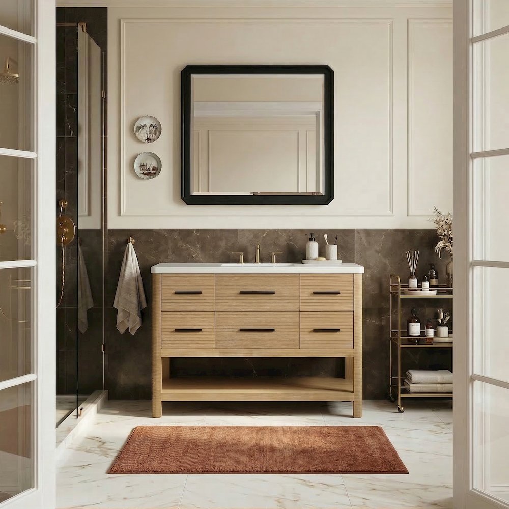 Oakwell 48" Natural Engineered Stone And Solid Wood Bathroom Vanity