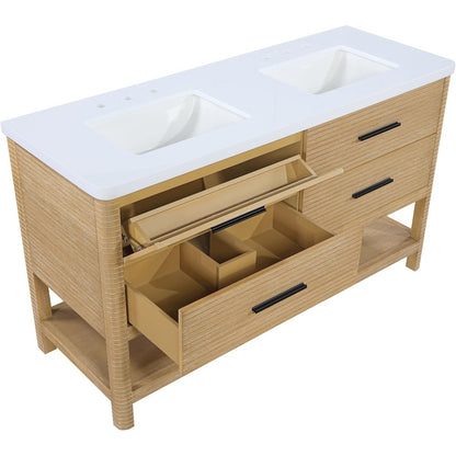 Oakwell 60" Natural Engineered Stone And Solid Wood Bathroom Vanity
