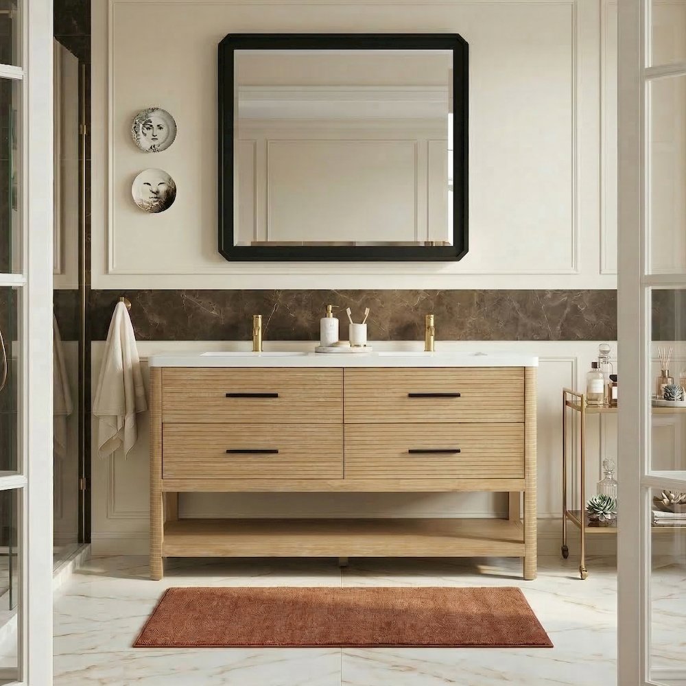 Oakwell 60" Natural Engineered Stone And Solid Wood Bathroom Vanity