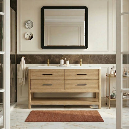 Oakwell 60" Natural Engineered Stone And Solid Wood Bathroom Vanity