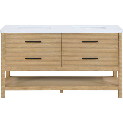Oakwell 60" Natural Engineered Stone And Solid Wood Bathroom Vanity
