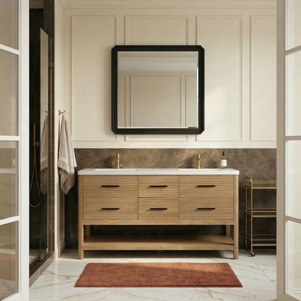 Oakwell 72" Natural Engineered Stone And Solid Wood Bathroom Vanity