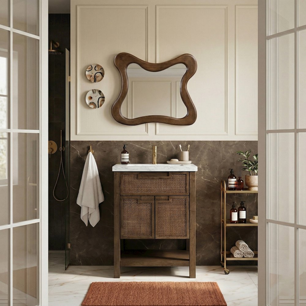 Soren 24" Brown Genuine Carrara Marble And Solid Wood Bathroom Vanity