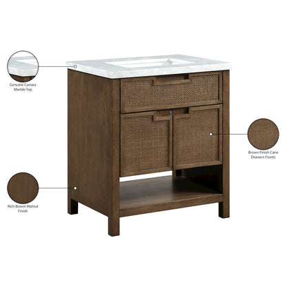 Soren 30" Brown Genuine Carrara Marble And Solid Wood Bathroom Vanity