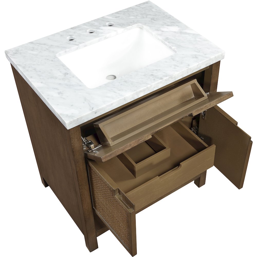 Soren 30" Brown Genuine Carrara Marble And Solid Wood Bathroom Vanity