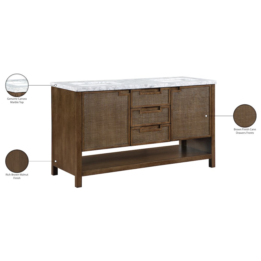 Soren 60" Brown Genuine Carrara Marble And Solid Wood Bathroom Vanity