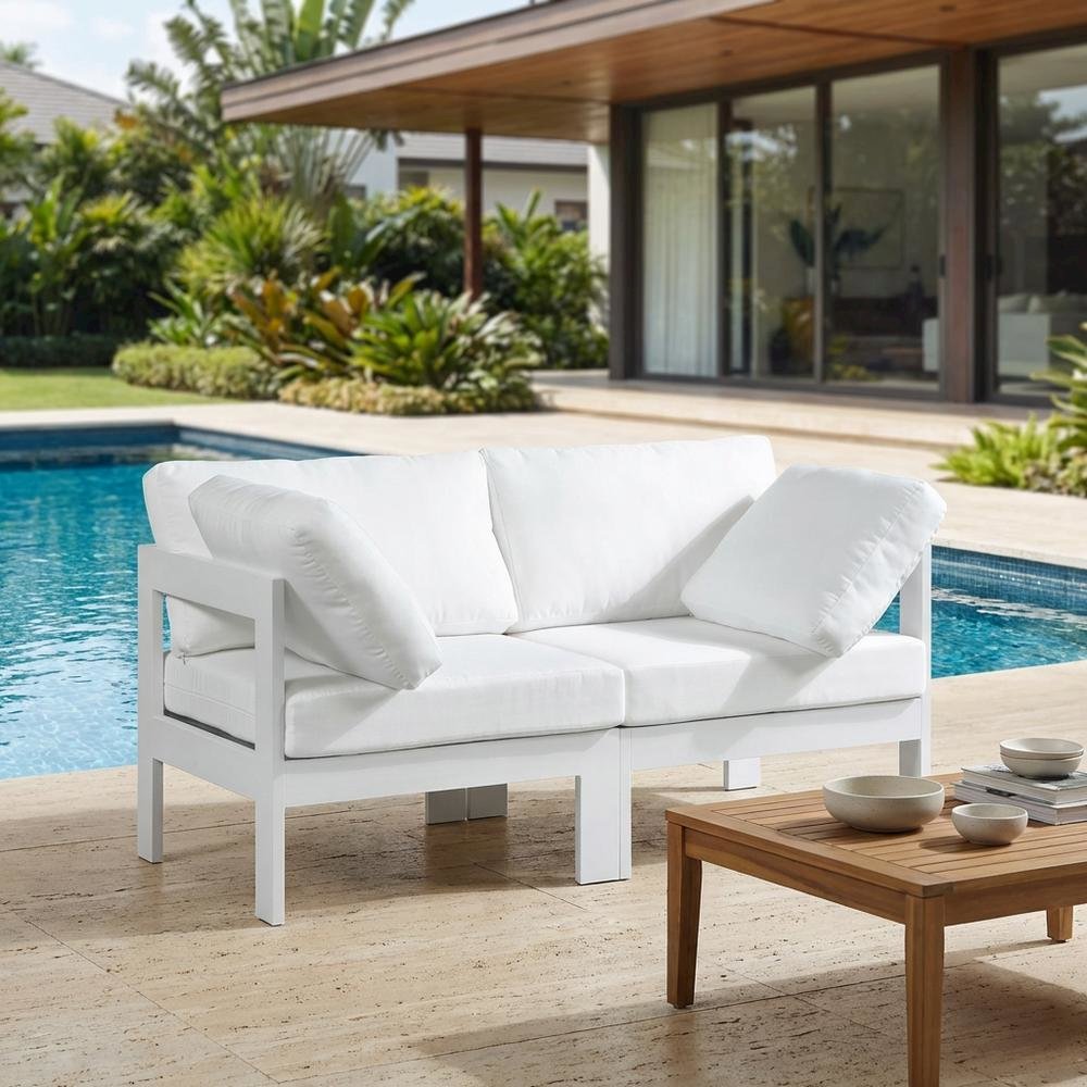 White Fabric Outdoor Patio Modular Sofa, Contemporary Style, Cushioned Seating