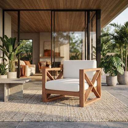 White Fabric Outdoor Chair With Pillow, Finish, Contemporary Style