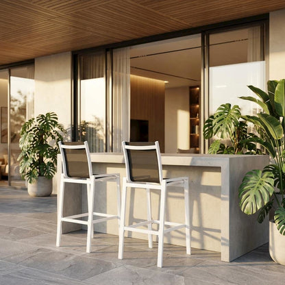 Contemporary White Outdoor Patio Bar Stools Set Of 2 With Back Support