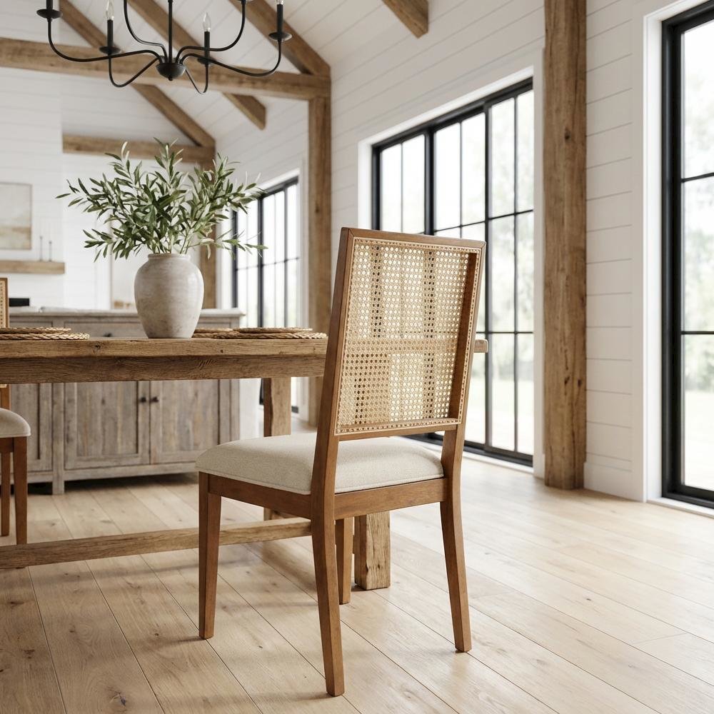 Walnut Linen Textured Dining Chair Set of 2 with Mid-Century Backrest