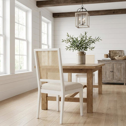 White Linen Textured Dining Chairs Set of 2 with Mid-Century Design