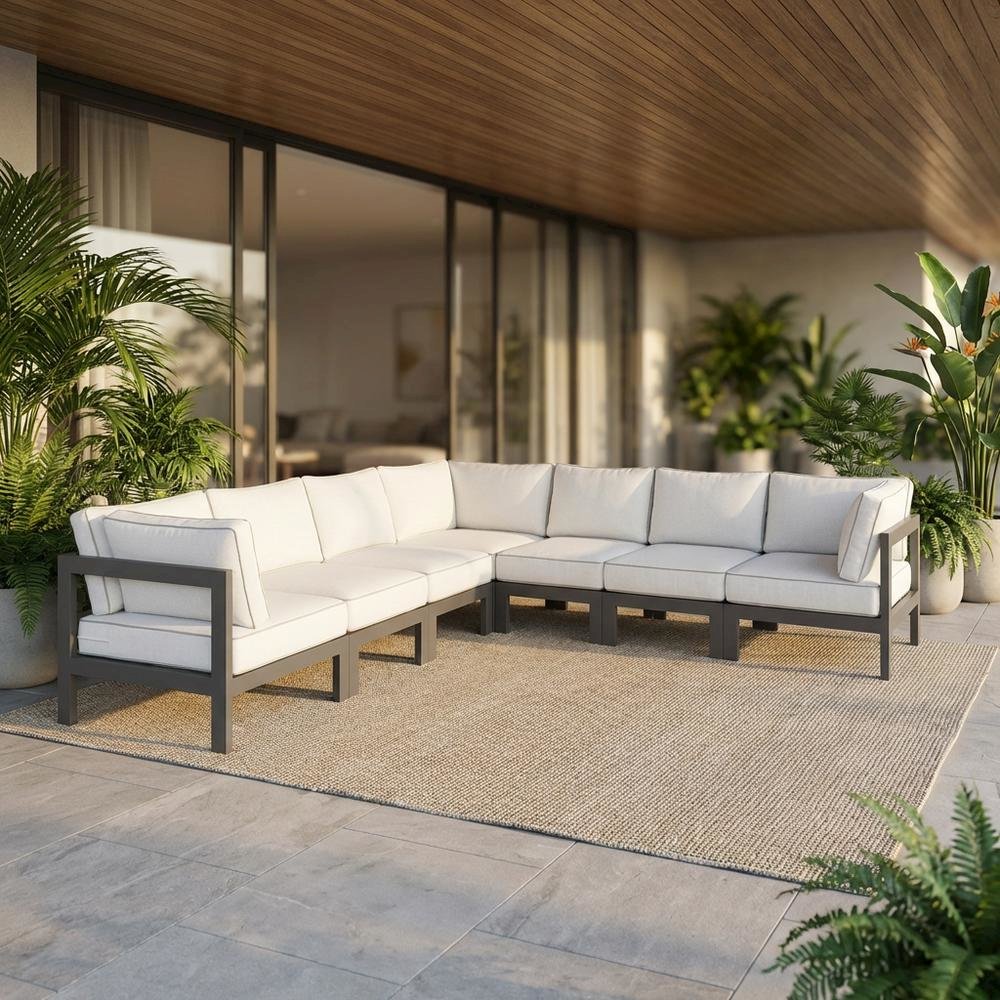 White Fabric Outdoor Patio Modular Sectional With Contemporary Design