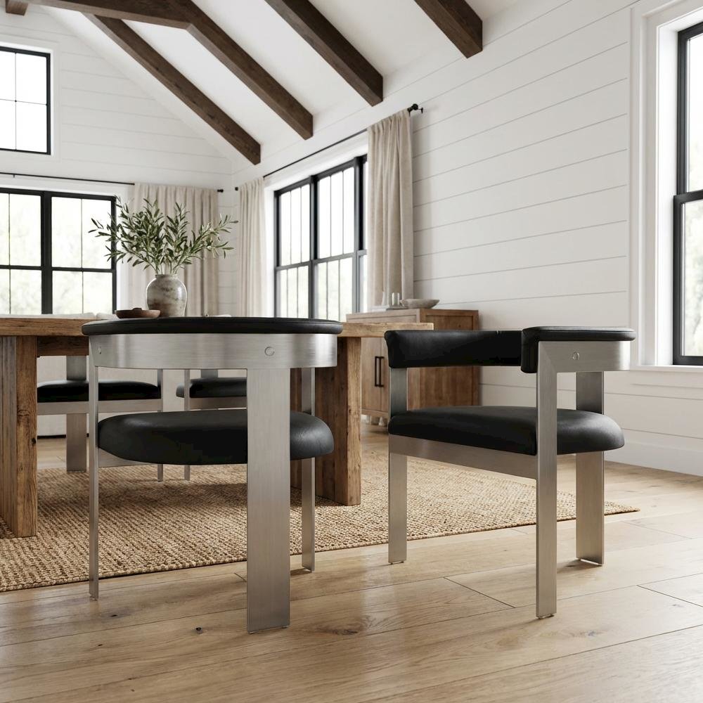 Black Vegan Leather Dining Chair Set of 2 with Brushed Chrome Frame and Armrests