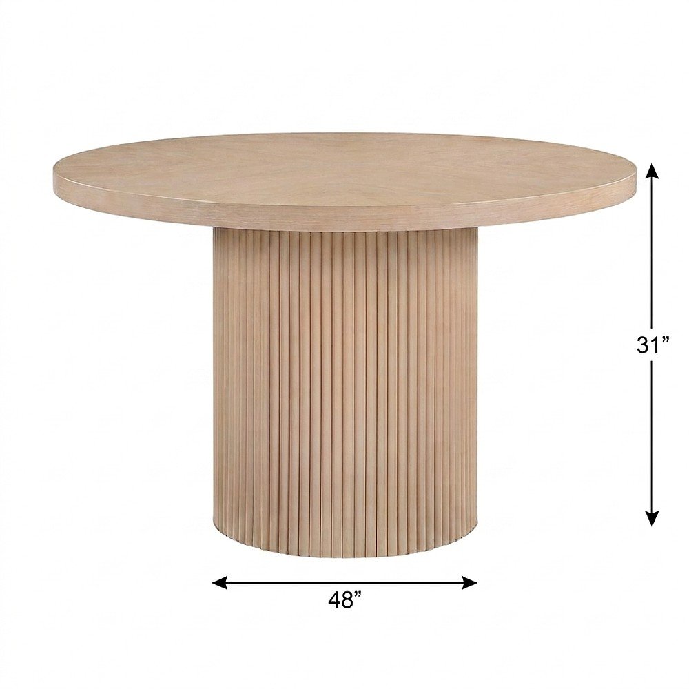 Round Dining Table with Fluted Base, Mid-Century Modern, Natural Oak Veneer