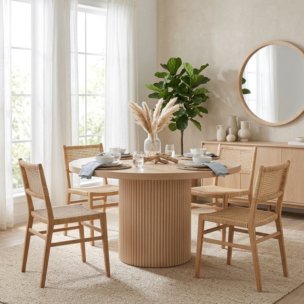 Round Dining Table with Fluted Base, Mid-Century Modern, Natural Oak Veneer
