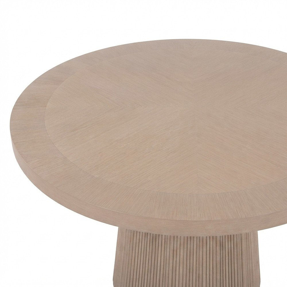 Round Dining Table with Fluted Base, Mid-Century Modern, Natural Oak Veneer