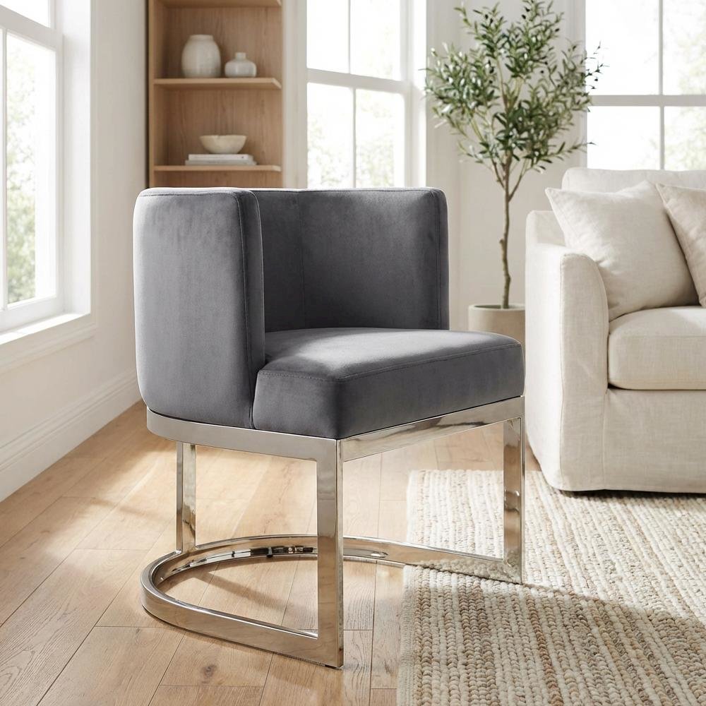 Gray Velvet Dining Chair with Chrome Frame and Arm Height 29.5 Contemporary