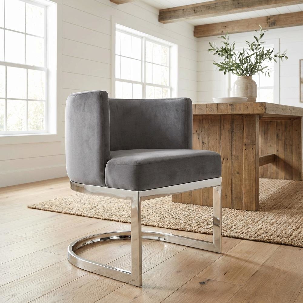 Gray Velvet Dining Chair with Chrome Frame and Arm Height 29.5 Contemporary