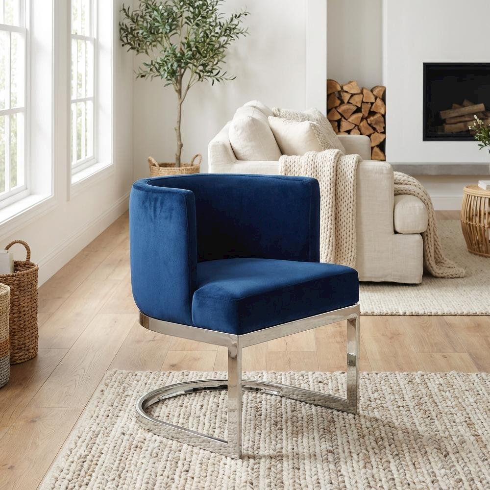 Navy Velvet Dining Chair with Chrome Frame and Contemporary Arm Design