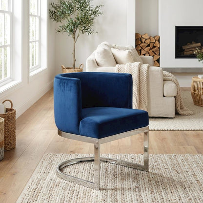 Navy Velvet Dining Chair with Chrome Frame and Contemporary Arm Design