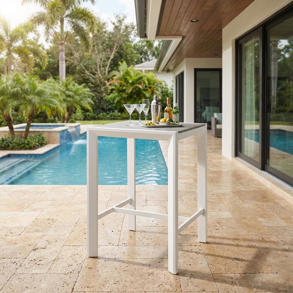 Gray Wood-Look Outdoor Patio Table, Aluminum Square Bars, Contemporary Style