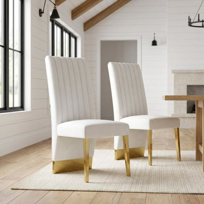 Velvet Upholstered Dining Chairs with Gold Metal Legs, Cream Velvet, Set of 2