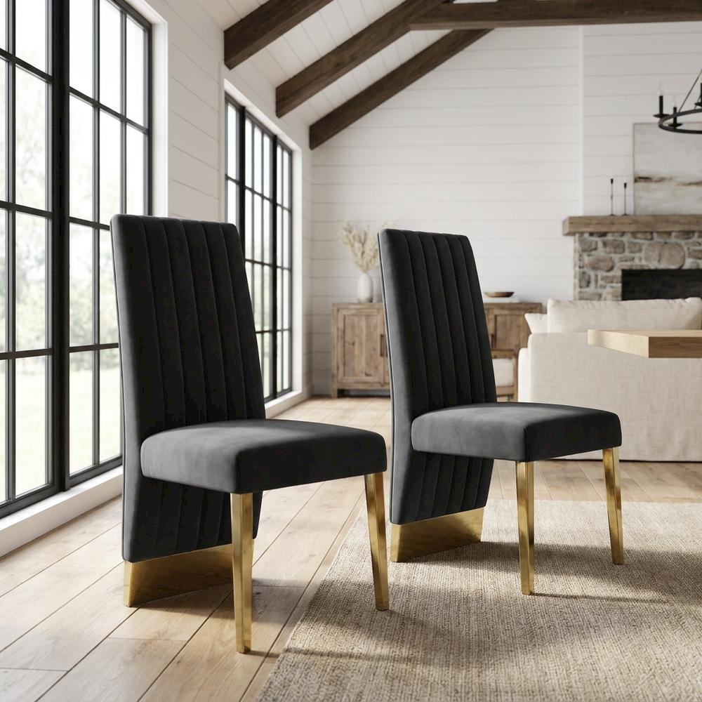 Velvet Upholstered Dining Chairs with Gold Metal Legs, Grey Velvet, Set of 2