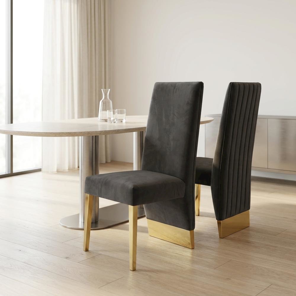 Velvet Upholstered Dining Chairs with Gold Metal Legs, Grey Velvet, Set of 2