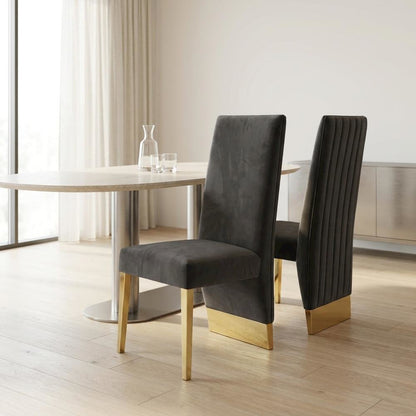 Velvet Upholstered Dining Chairs with Gold Metal Legs, Grey Velvet, Set of 2