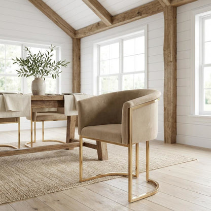Beige Velvet Dining Chair in Brushed Brass with Contemporary Back Support