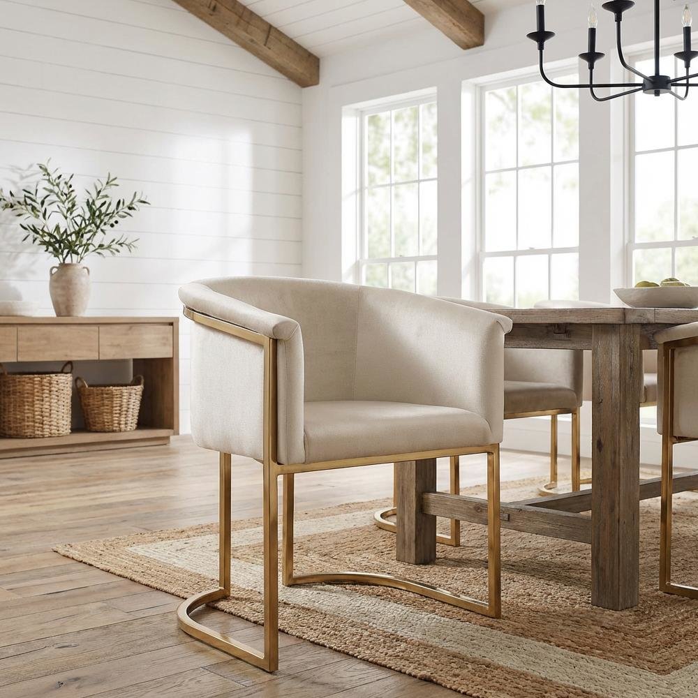 Dining Chair Brushed Brass with Cream Velvet Upholstery and Contemporary Design