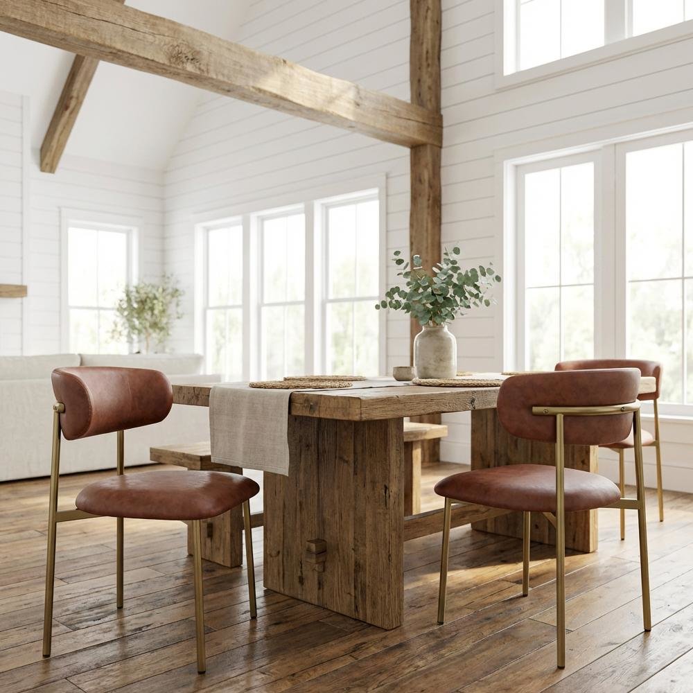 Brushed Gold Vegan Leather Dining Chair Set of 2 with Contemporary Design