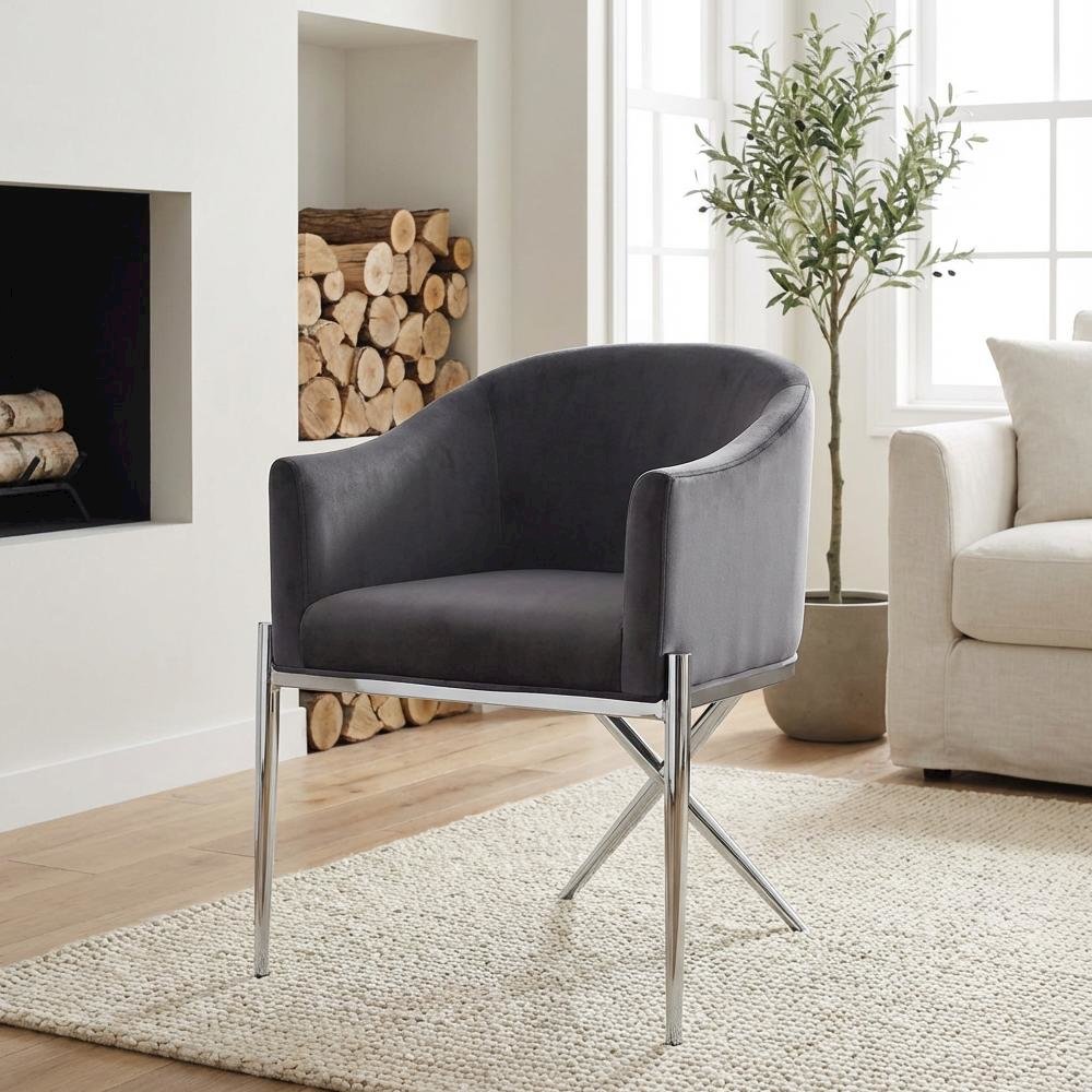 Chrome Velvet Dining Chair with Armrests and Contemporary Design, Single Piece