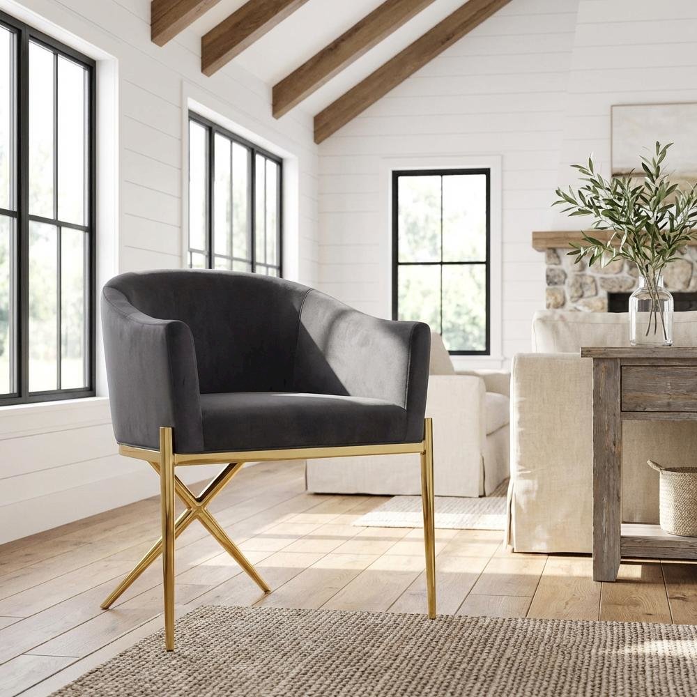 Gold Velvet Dining Chair with Armrests and Contemporary Design  SKU