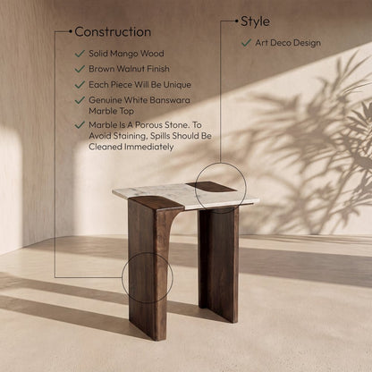 Enna White Genuine Marble And Mango Wood End / Side Table