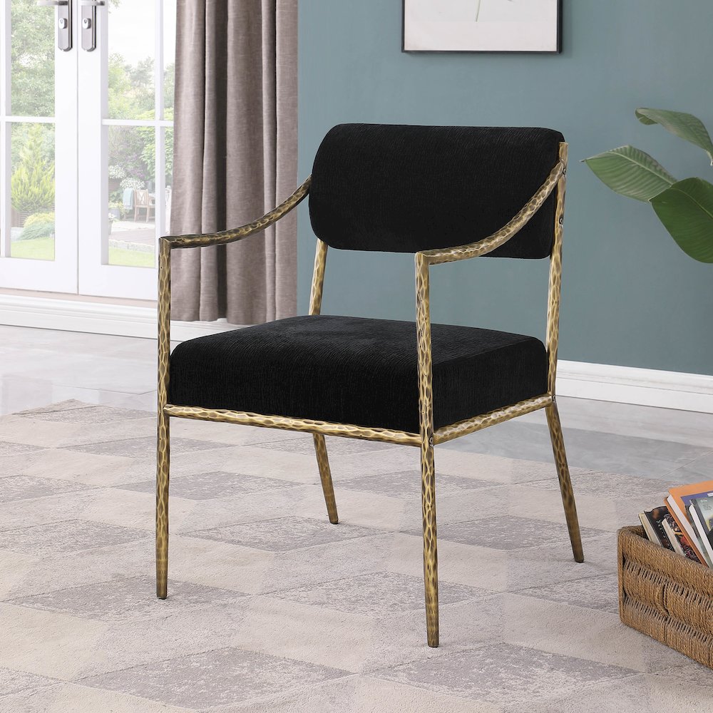 Bastille Black Chenille Fabric Upholstered Dining Arm Chair, Set of 2