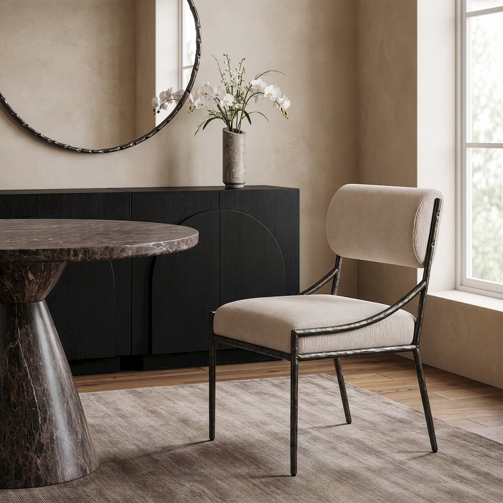 Bastille Beige Chenille Fabric Upholstered Dining Side Chair, Set of 2