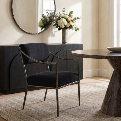 Bastille Black Chenille Fabric Upholstered Dining Arm Chair, Set of 2