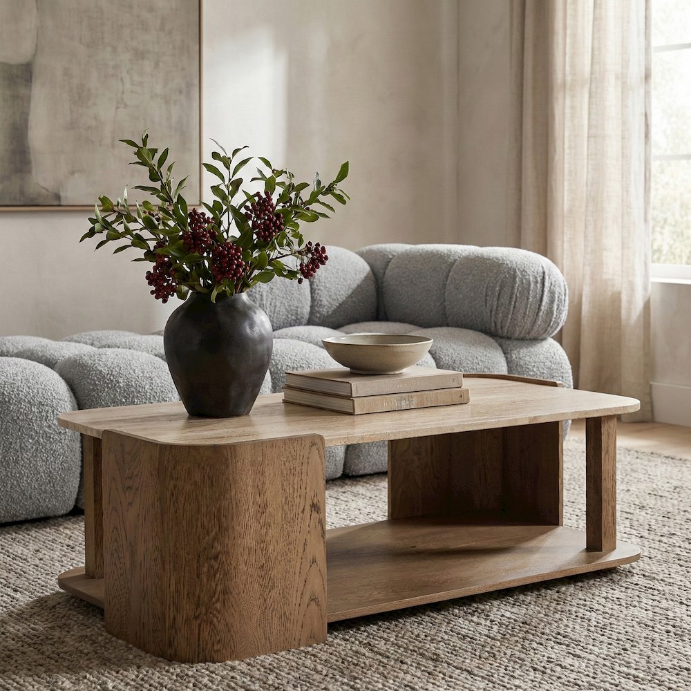 Calabria Beige / Brown Marble And Oak Wood Coffee Table
