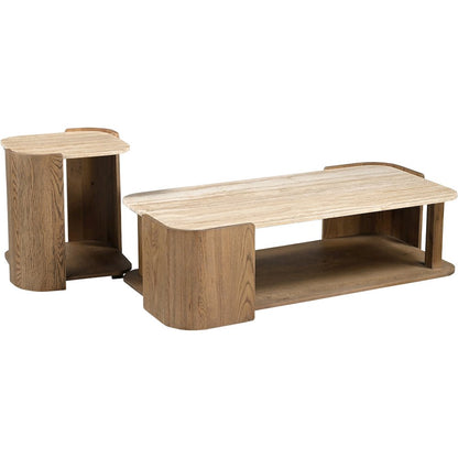 Calabria Beige / Brown Marble And Oak Wood End Table