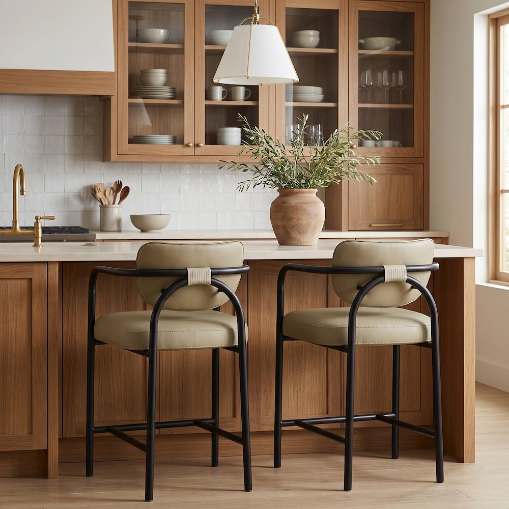 Serava Beige Vegan Leather Upholstered Counter Stool