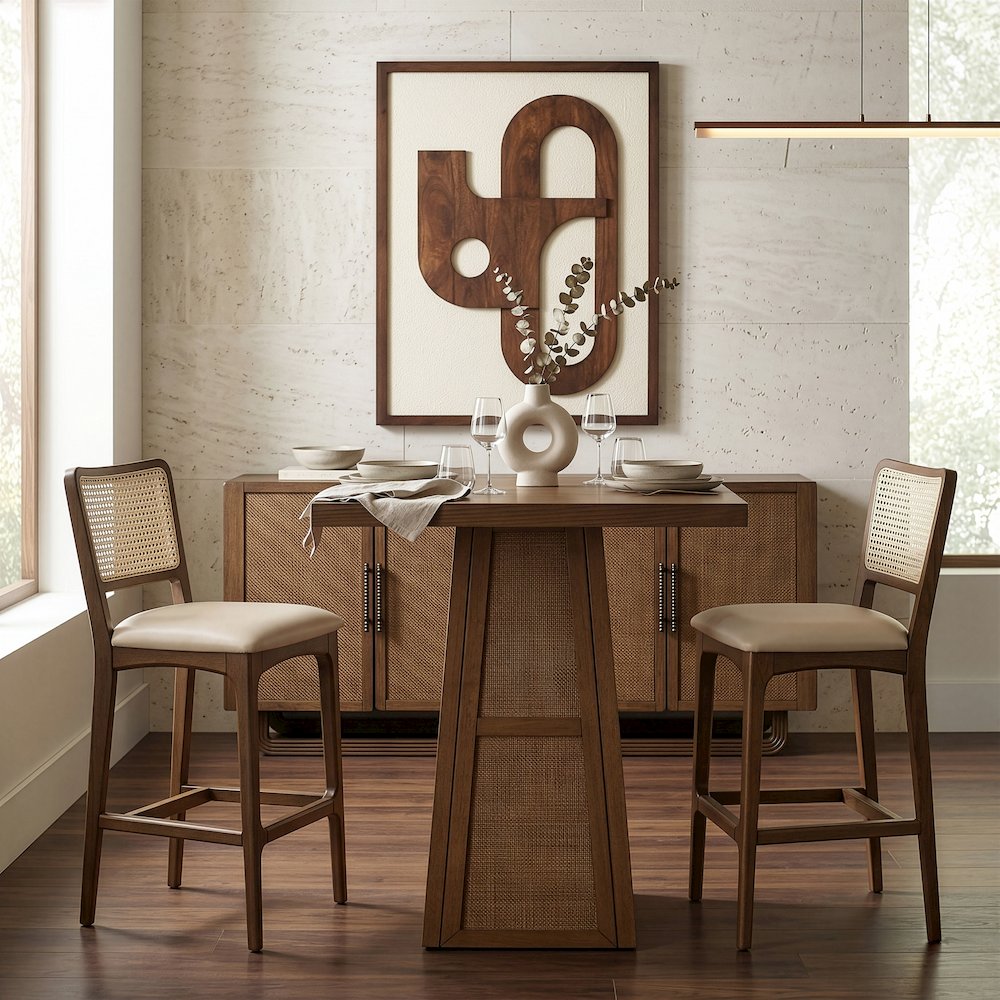 Fenwick Brown Cane, Oak Veneer And Solid Wood Bar Height Table