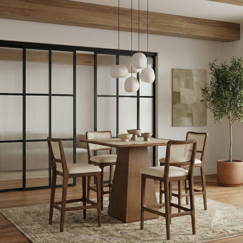 Atrium Beige Cane Back And Vegan Leather Upholstered Bar Stool, Set of 2