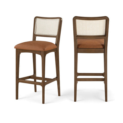 Atrium Cognac Cane Back And Vegan Leather Upholstered Bar Stool, Set of 2