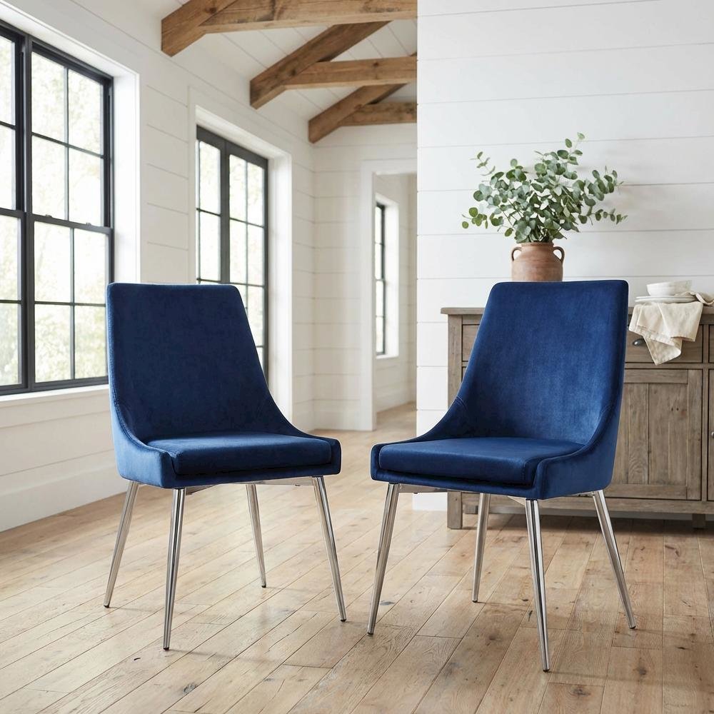 Chrome Dining Chairs Set of 2 with Navy Velvet Upholstery