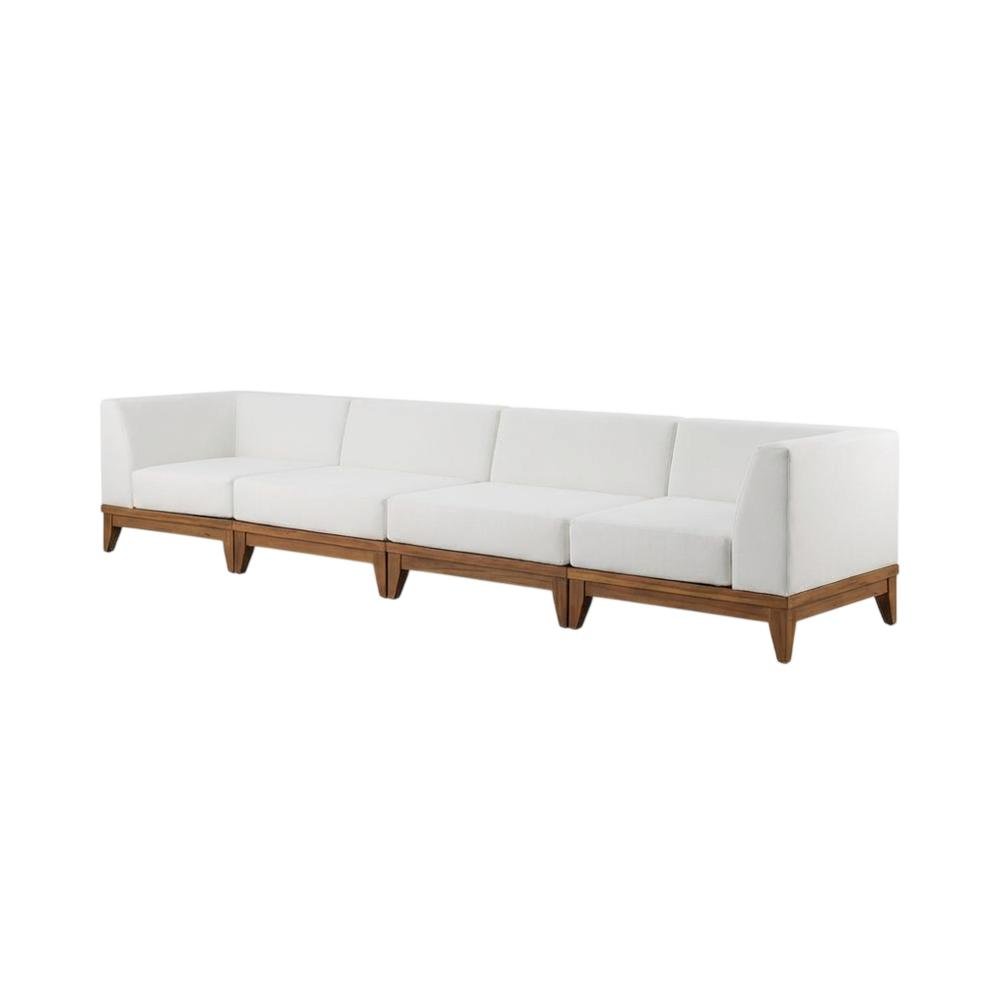 Contemporary White Fabric Outdoor Modular Sofa For Patio With Acacia Wood Finish