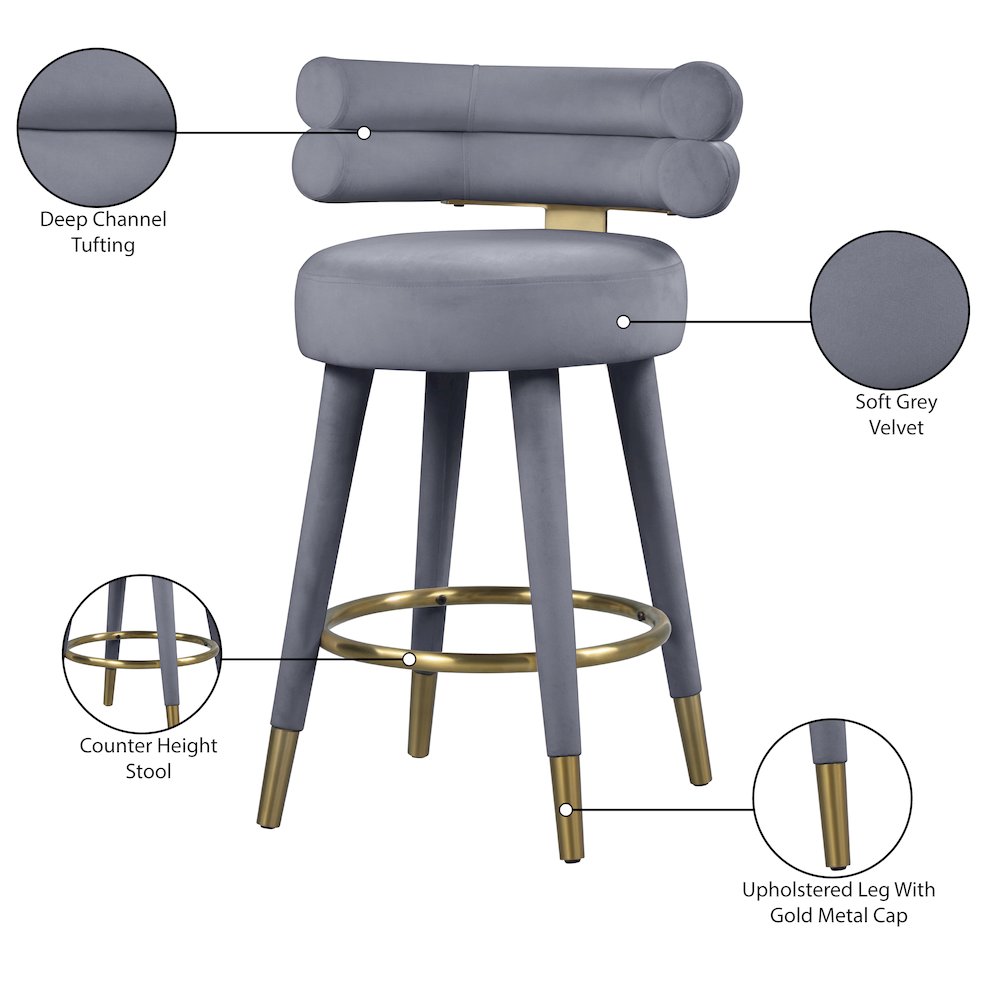 Fitzroy Grey Velvet Counter Stool, Set of 2