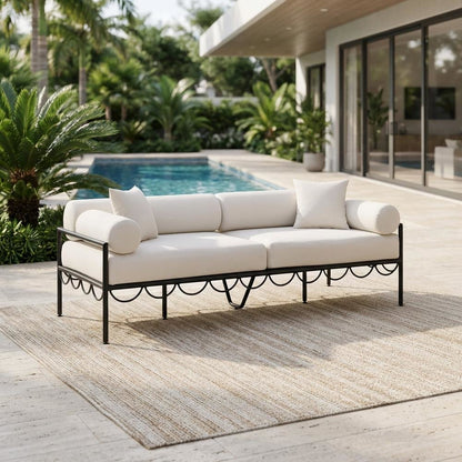 Cream Water-Resistant Outdoor Sofa With Cushions And Art Deco Style